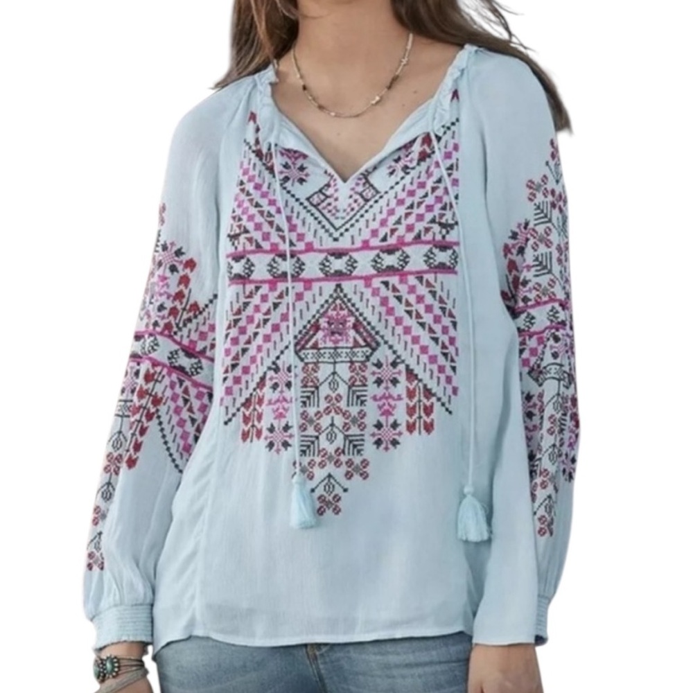 Sundance Pave the Way Pastel Blue Embroidered Crinkly Tie Neck Tassel Top - S